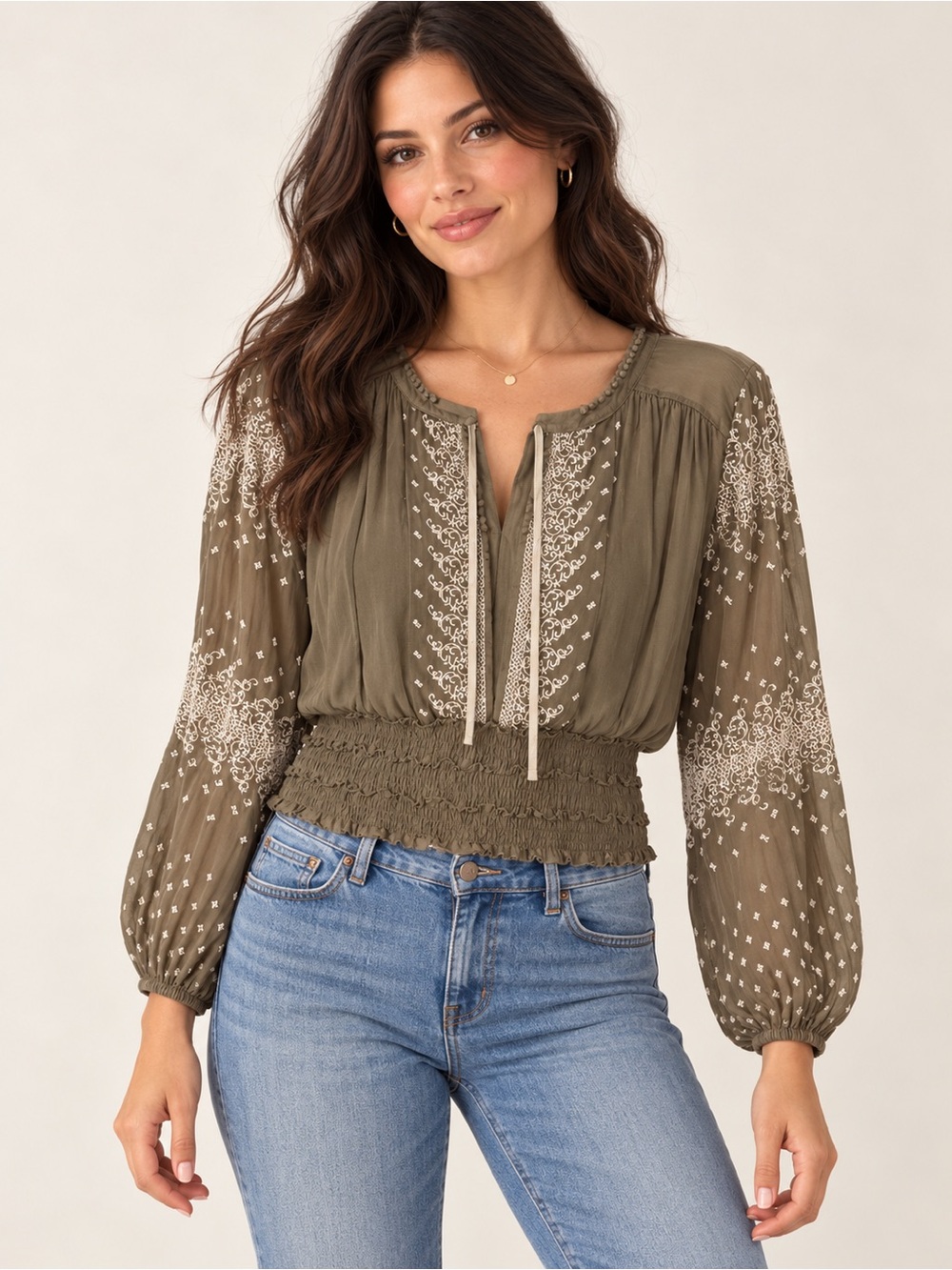 Anthropology Olive Smocked Waist Peasant Blouse with Embroidered Detail